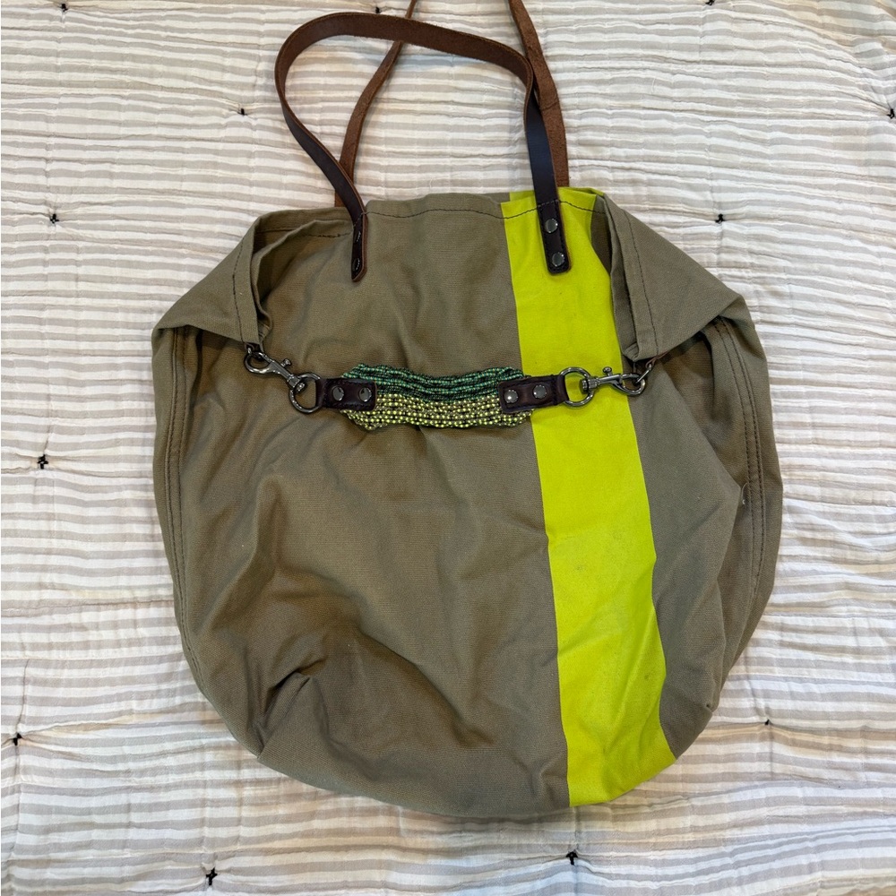 J.Crew Olive Green Tote Bag with Neon Accent